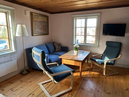 Braskamin och Smart-TV (Apple TV via wifi) i vardagsrummet