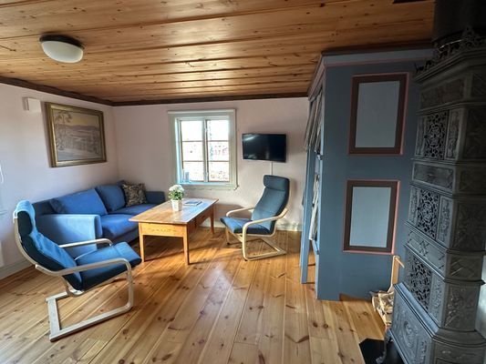 Braskamin och inbyggd våningssäng i vardagsrummet