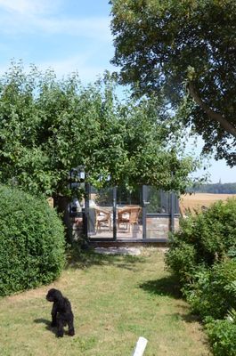 Äppelträd och växthus