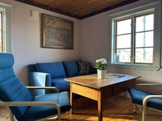 Braskamin och Smart-TV (Apple TV via wifi) i vardagsrummet