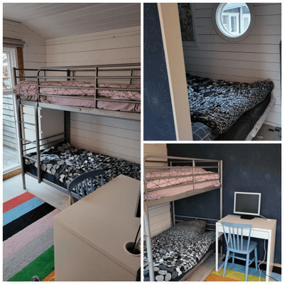 Lillstugan (sovstugan)  bestående av fyra sängar, dubbelsäng (två sängar ihop) och en våningssäng, passar även för vuxna