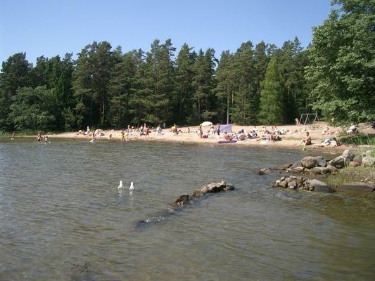 Långgrund sandstrand med brygga ca 800m från huset. Bilden tagen i juli då det är som mest folk på stranden.
