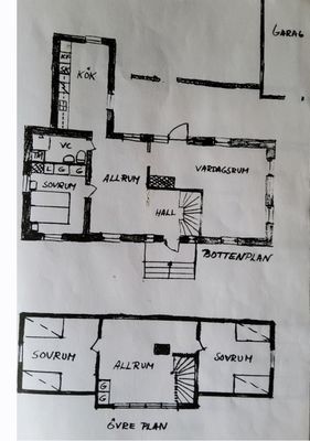 Ritning över huset. Garage ingår inte i uthyrningen.