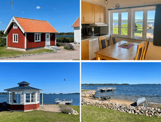 Stuga med havsutsikt på strandtomt vid Kalmarsund