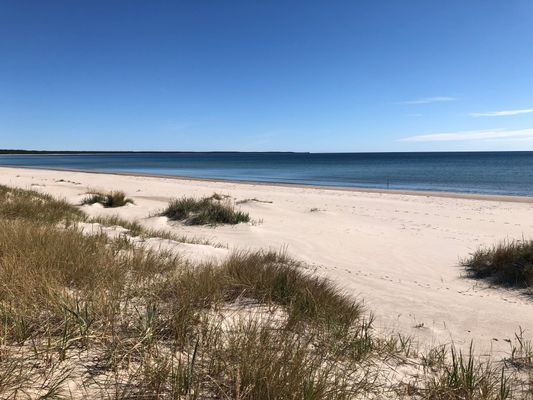 Sandstranden ligger ca 300m från stugan. Det går en stig direkt från tomten dit.