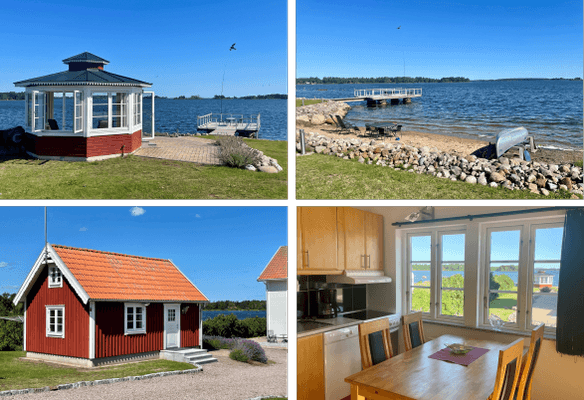 Stuga med havsutsikt på strandtomt vid Kalmarsund