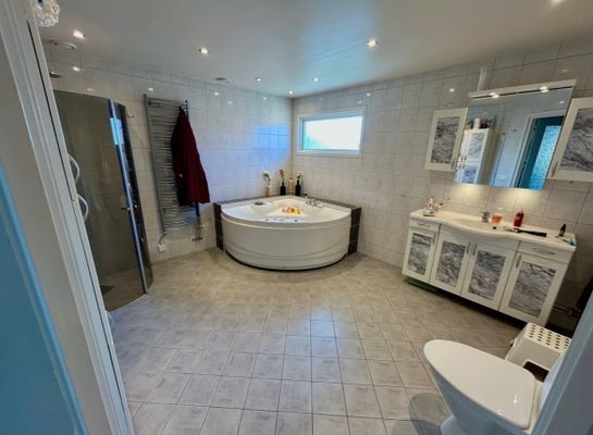 Badrum med dusch och bubbelbadkar