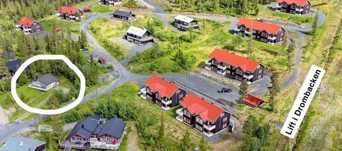 Vit cirkel är stugan och drommen är till höger
