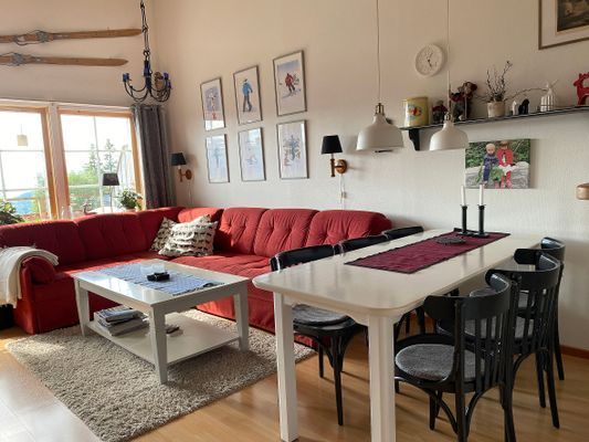 Allrum med skön soffa och matplats för sex personer.