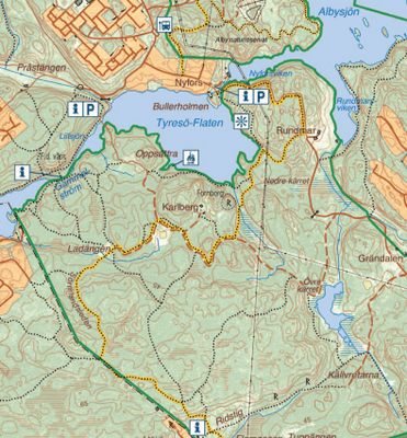Tyresta nationalpark är cirka **20 kvadratkilometer** stor (2 000 hektar). Den utgör en av Sveriges största sammanhängande urskogar söder om Dalälven och är en unik plats för att uppleva orörd natur nära Stockholm.