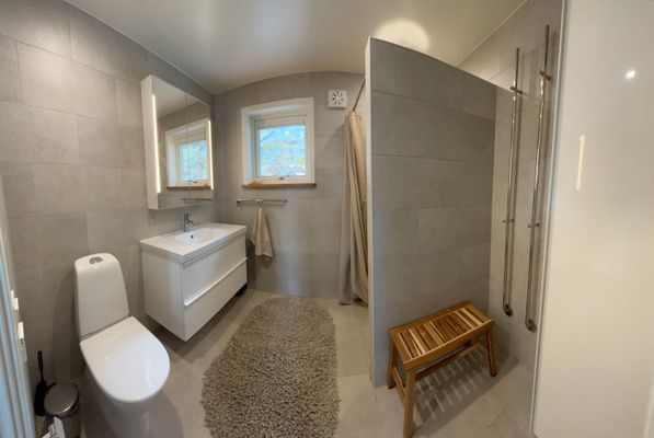 Badrum med toalett och dusch