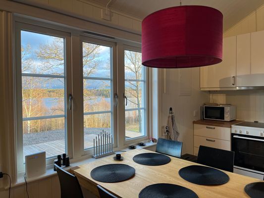 Stuga i parkmiljö med utsikt över sjö