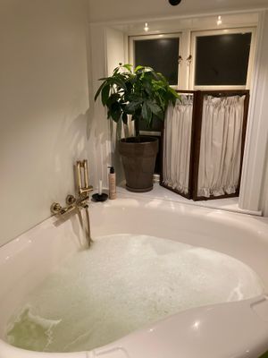 Stort badkar i badrummet.