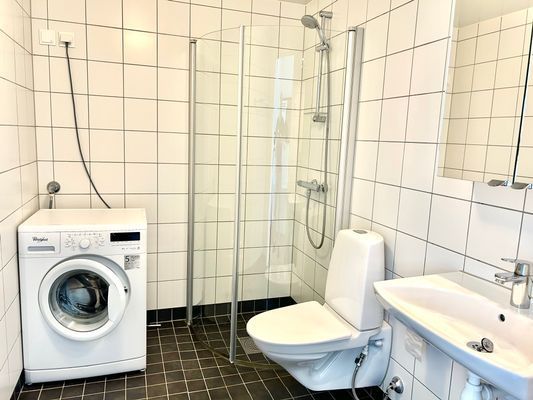 Toalett. duch och tvättmaskin