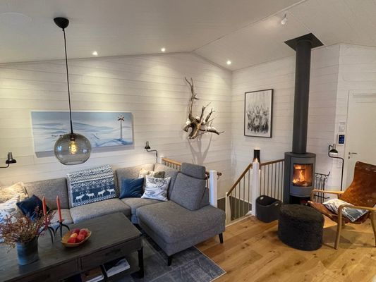 Soffan med sprakande braskamin i bakgrunden.