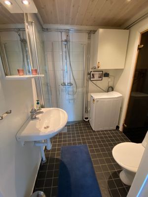 Badrum med bastu och tvättmaskin