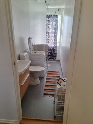 Badrum med wc, handfat, dusch och tvättmaskin.