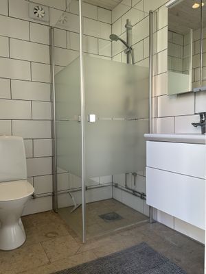 Badrum med dusch och wc