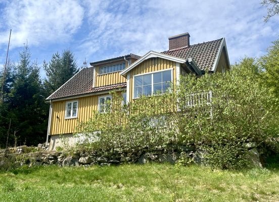 Mysig sommar hus i skogen och nära sjö