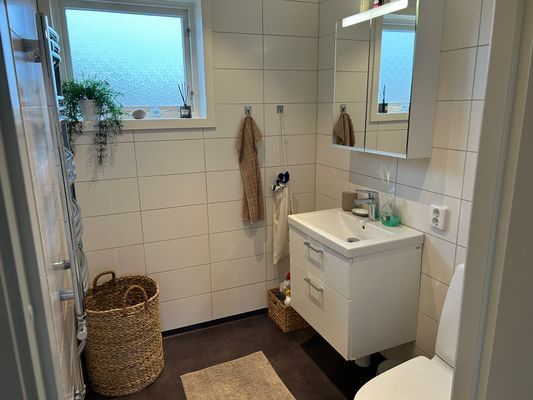 Toalett och badrum med dusch