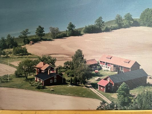 Flygfoto över gården som ni hyr. Åkrarna är numera gräsbevuxna, härliga ytor ner mot sjön