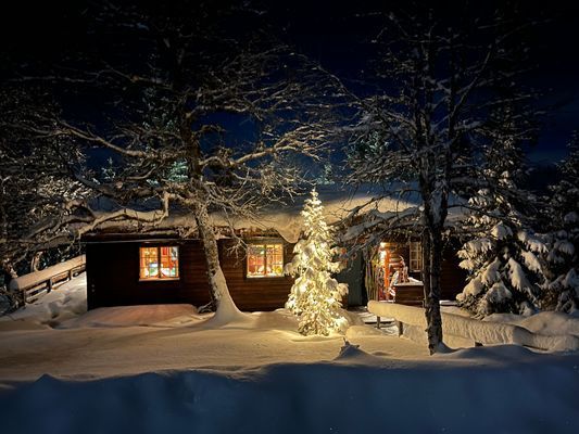 Sagolik bild på huset en vinternatt