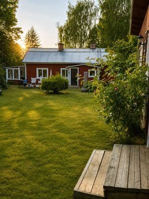 Ljusne – röd stuga med trädgård & sjönära läge