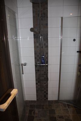 Tackdusch och handdusch i nedre badrummet.