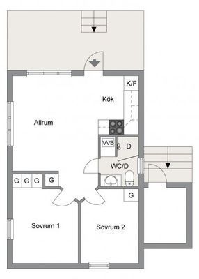 Planritning (skiss lånad av Werkelinbolagen). Min terrass sträcker sig runt huset till höger.