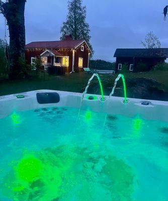 Stuga med sjötomt , ponnyer i hagen , jacuzzi .