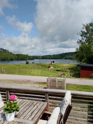 Utsikten från altanen, vi har djur på andra sidan vägen oftast går alpackorna i den hagen.