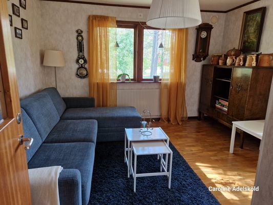 Här har vi ytterligare ett rum med riktigt skön bäddsoffa, som man kan sova två vuxna i. Detta rum är barnbarnens rum, så då finns här saker till dom. Som vi gärna plockar fram om ni har barn med er. För att komma till detta rum måste man gå via det stora sovrummet.