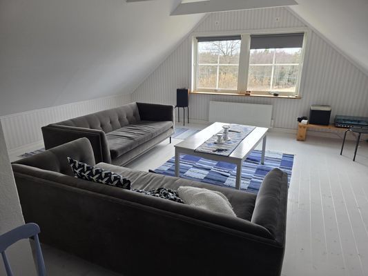 Mysigt hus i avskilt läge med utsikt över sjö.