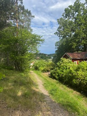 Närområdet med små fritidshus och promenadvägar i skärgårdsmiljö.