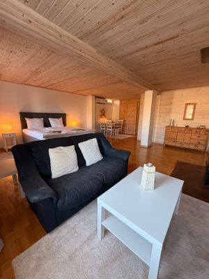 Öppen planlösning med braskamin för sköna höst och vinterkvällar. Här finns TV med tillgång till Netflix, en bäddsoffa och en varm, inbjudande atmosfär med trägolv och träpanel i taket.