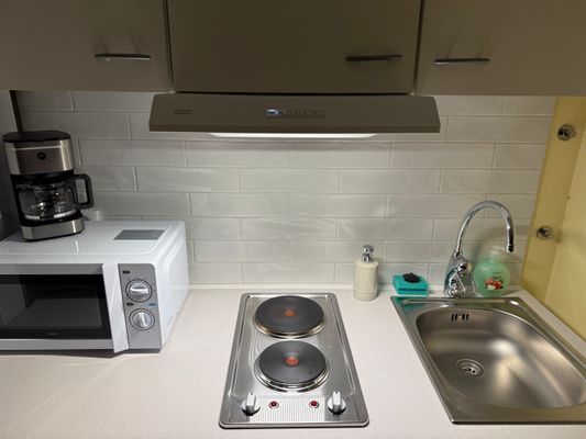 Fullt utrustat kompakt kök med två spisplattor, mikrovågsugn, kyl med frysfack, diskho, köksfläkt och allt du behöver för matlagning.