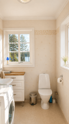Badrum med WC, dusch och tvättmaskin