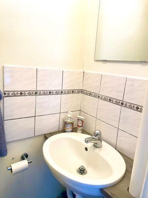 Toalett med handfat på nedervåningen