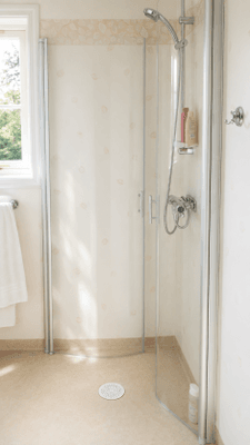 Badrum med WC, dusch och tvättmaskin