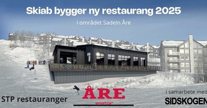 Bild på den nya restaurangen. Det är vårt hus man ser i bakgrunden. Utsikten ut över Renfjället och grantopparna är densamma, men utsikten mot dalstationen av ankarliften och slutet av backen kommer vara skymd av huset.