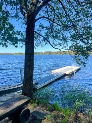 Brygga m badstege nära stugan och ok m hundar, används av bastubadare m fler