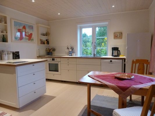 DET VÄLUTRUSTAD KÖKET MED FRÜKOSTBORD, UTSIKT PÅ ÅKERMARK OCH SJÖN