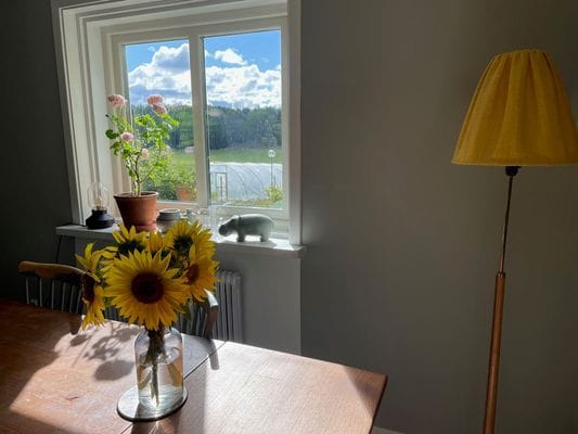 Matbord i öppna lösningen mellan kök och vardagsrum