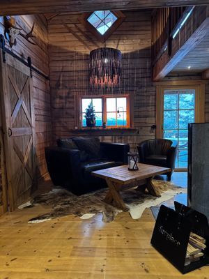 Sittgrupp framför braskamin storstuga