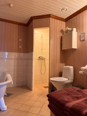 Gästhus 1: Badrum med dusch, badkar och vattentoalett
