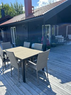 Ett av två matbord ute