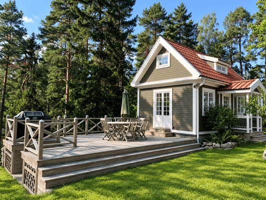 Veranda i sydvästläge med matplats och grill. Sjöutsikt mot charmig vik.