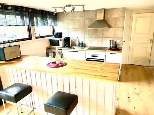 Modernt kök med varmluftsugn, micro, diskmaskin, induktionshäll och två stora kyl/frys