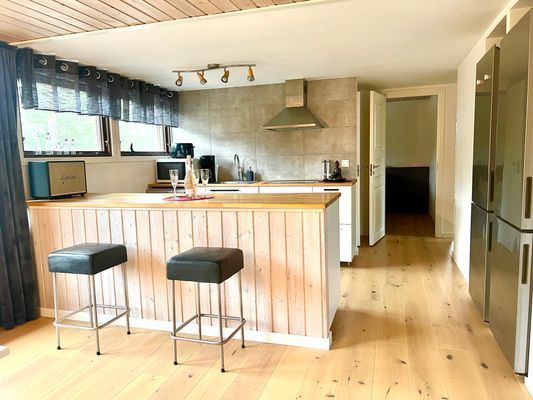 Modernt kök med varmluftsugn, micro, diskmaskin, induktionshäll och två stora kyl/frys