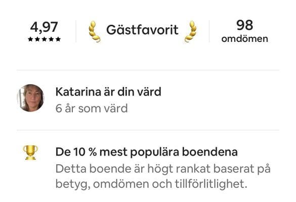 Jag har varit värd åt ett annat uthyrningsföretag i 6 år fram till Oktober-26. Gästers omdöme är i skalan 1-5 där 5 är högsta.